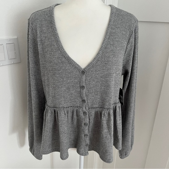 NWT $70 Lucky Brand Gray Waffle-Texture Cloud-Soft Button-Down Top Sz L *Q20 - Picture 2 of 6